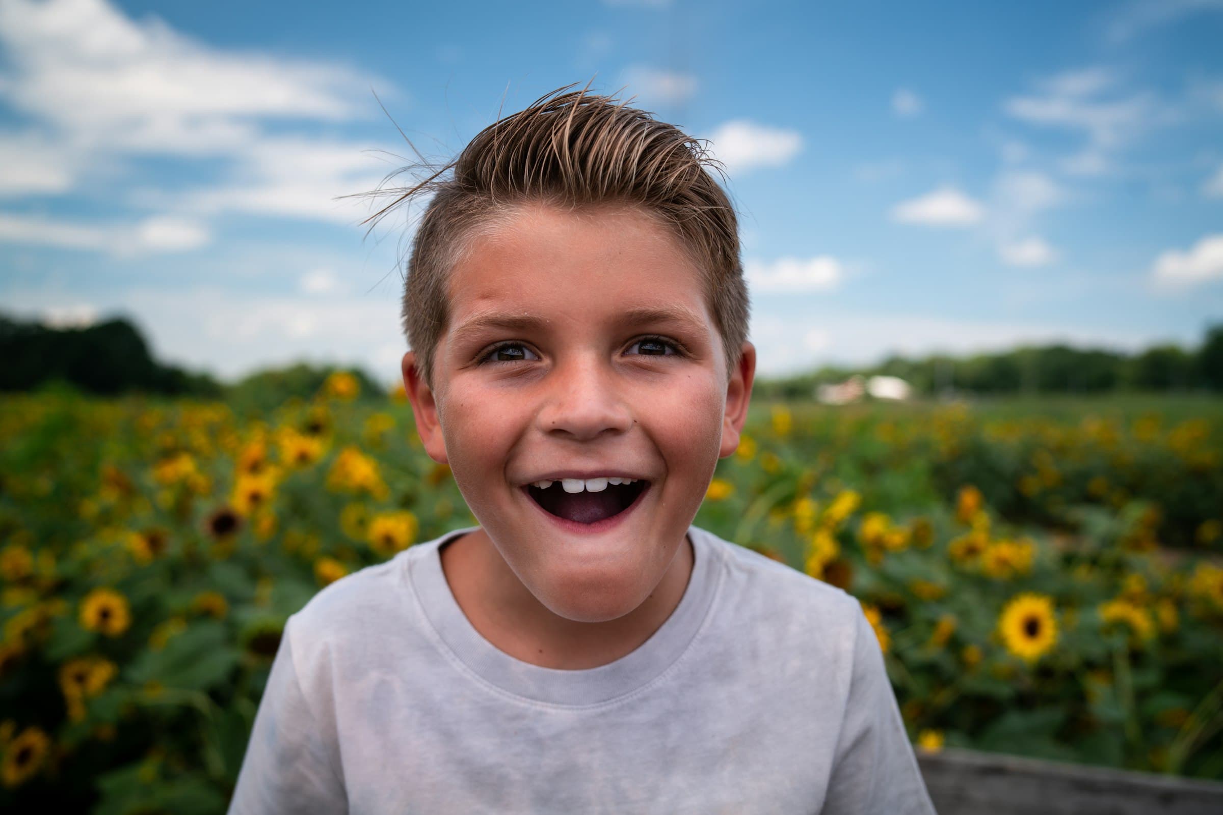 Niño riéndose en un campo de girasoles